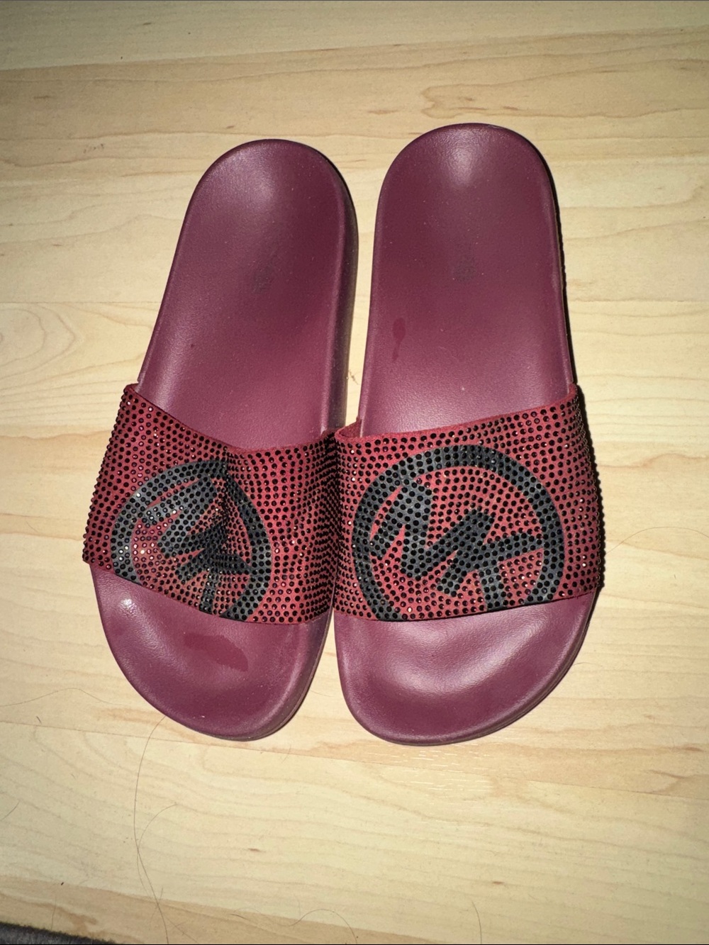 Michael Kors Wine Red Crystal Logo Slide Sandals